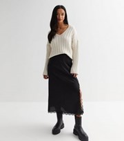 New Look Petite Black Satin Lace Trim Midi Skirt